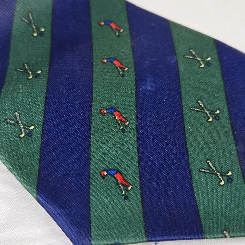 Mercedes 100% Silk Men's Tie Blue Green Diagonal Stripe Golfers Golf Club Print